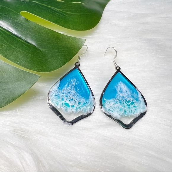 KaraIveyArt Jewelry - Resin Art Ocean Beach Waves Blue & Silver Earrings Custom Handmade Nwt